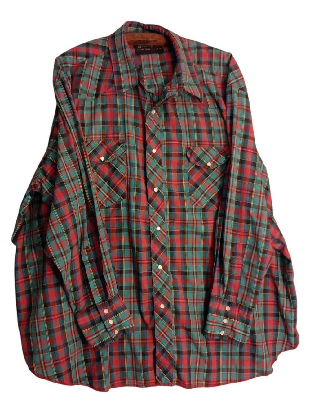 Wrangler Western Shirt Mens 19-35 Red Blue Plaid Western Pearl Snap X-Long Tails